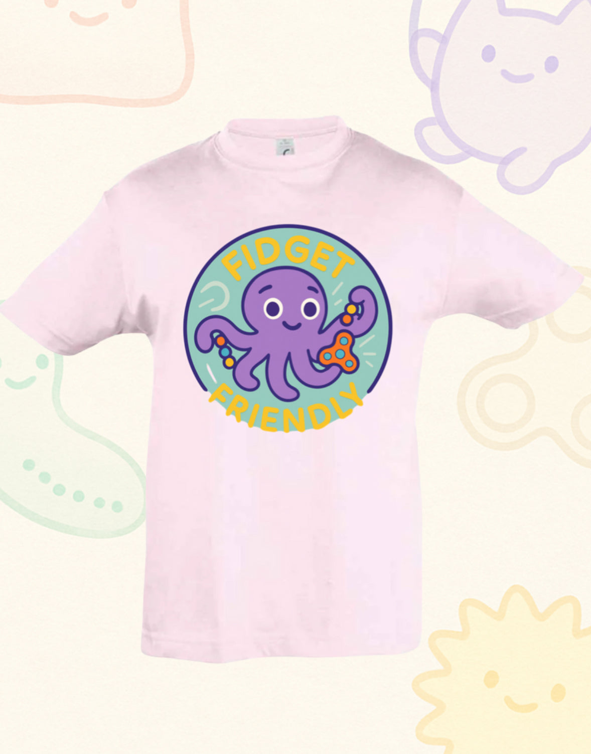 “Fidget Friendly” – Sensory Squad T-Shirt (Featuring Ocho the Octopus)
Available in Grey and Soft Pink