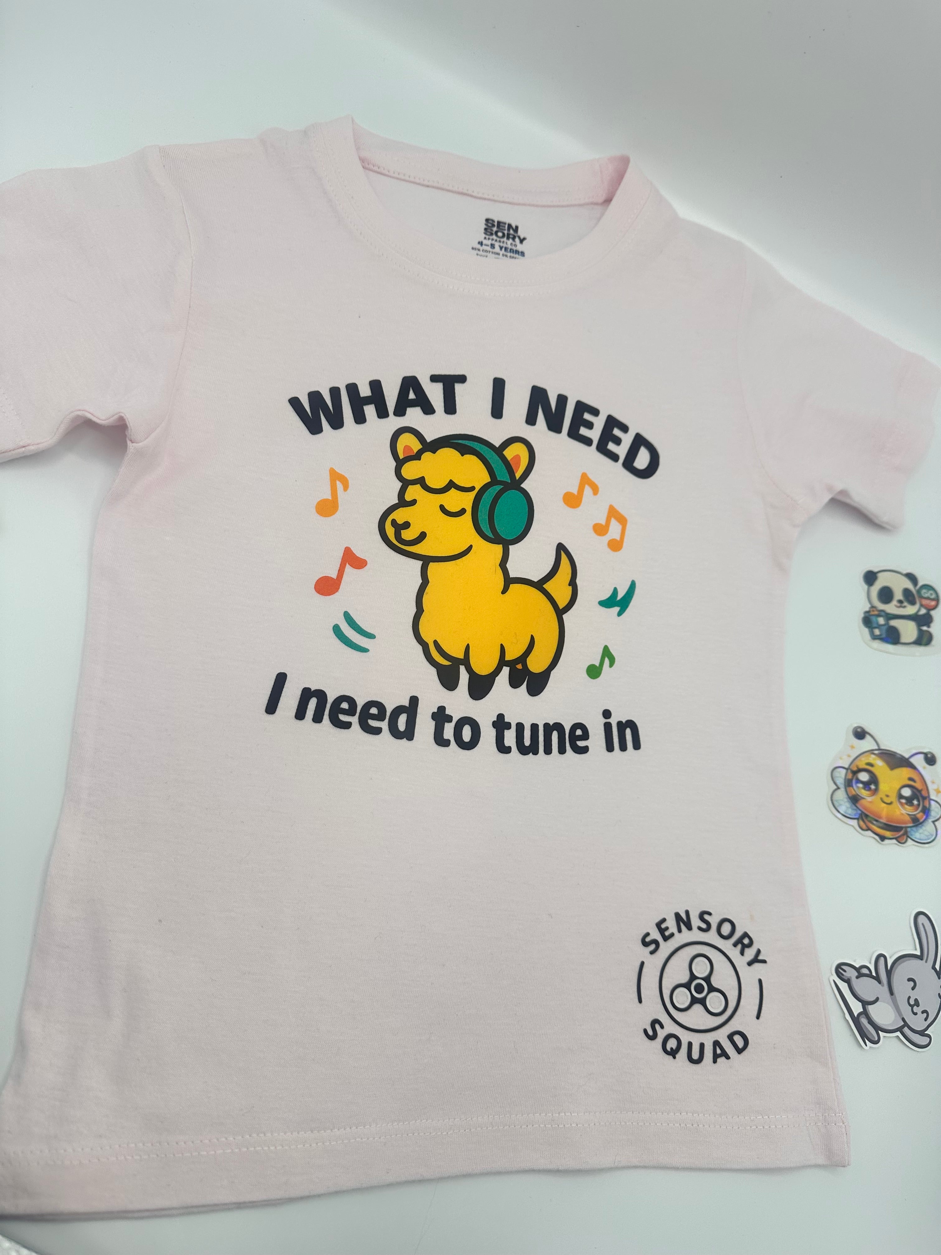 “What I Need Is to Tune In” – Sensory Squad T-Shirt Featuring Lennard the Llama