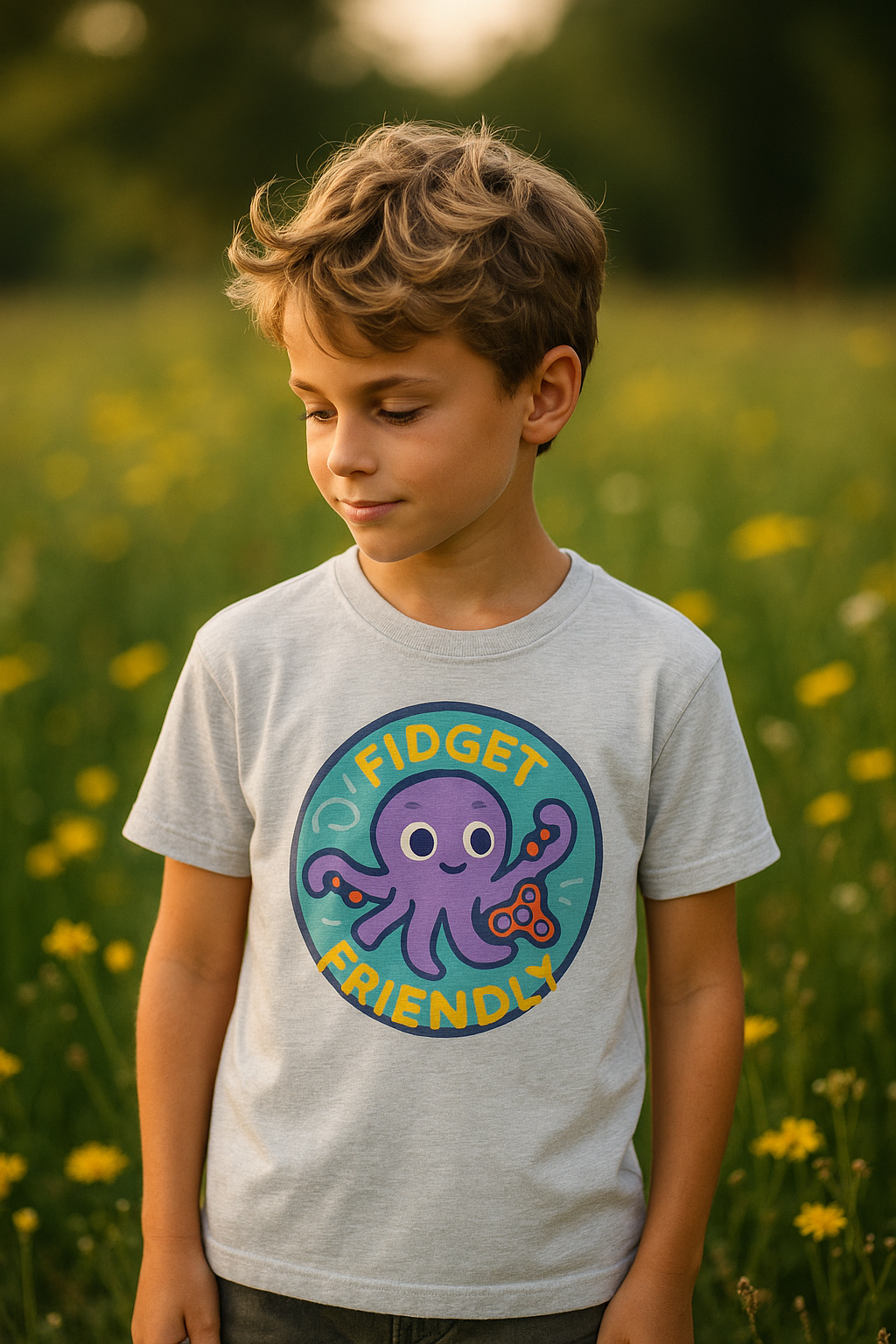 “Fidget Friendly” – Sensory Squad T-Shirt (Featuring Ocho the Octopus)
Available in Grey and Soft Pink
