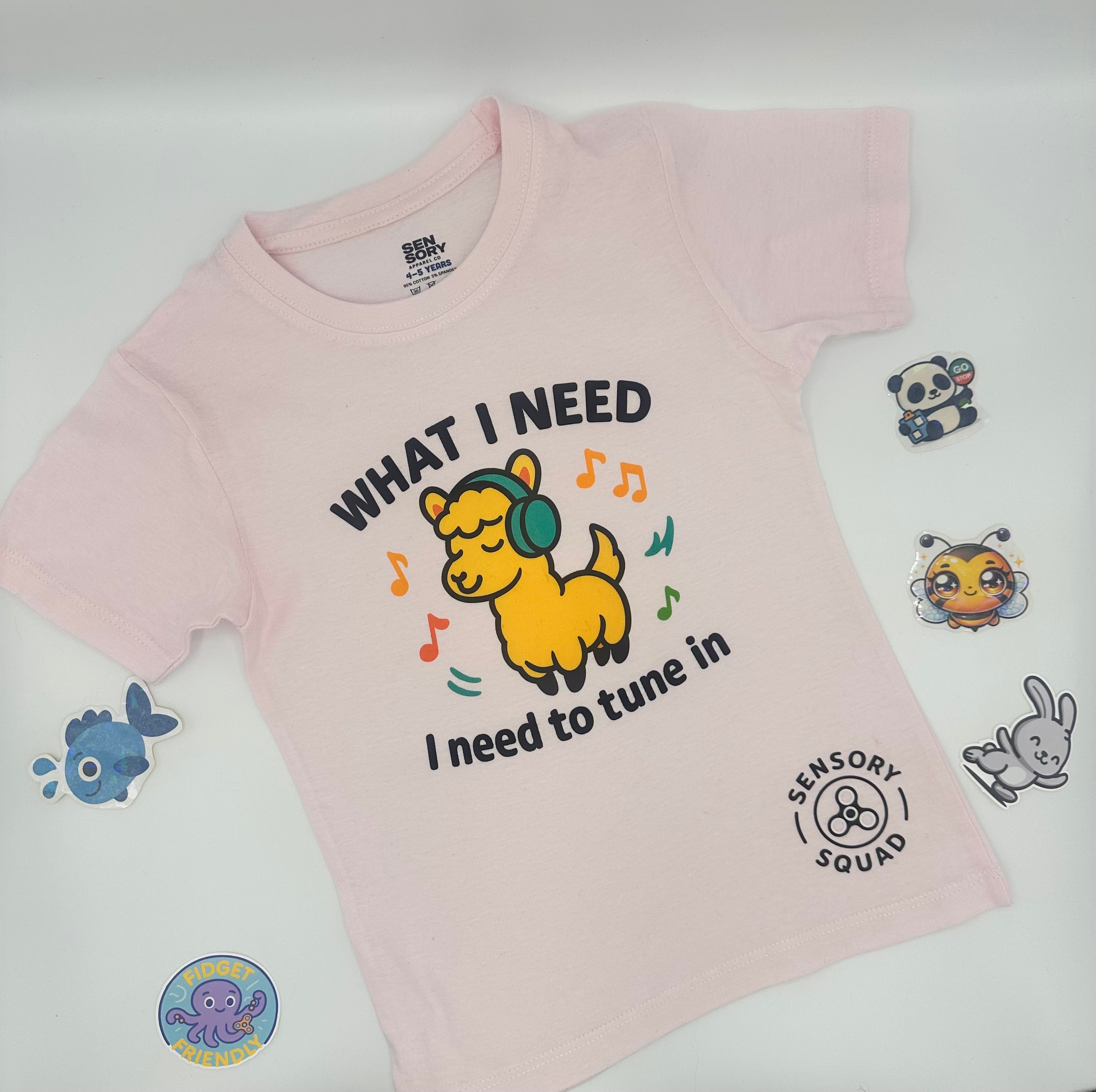 “What I Need Is to Tune In” – Sensory Squad T-Shirt Featuring Lennard the Llama