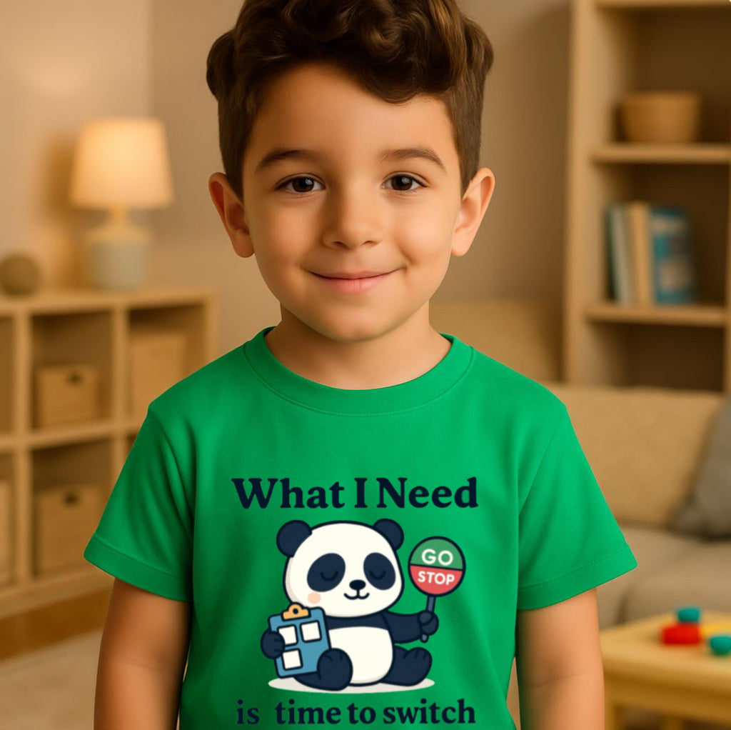 “What I Need Is Time to Switch” – Sensory Squad T-Shirt (Featuring Pip the Panda)