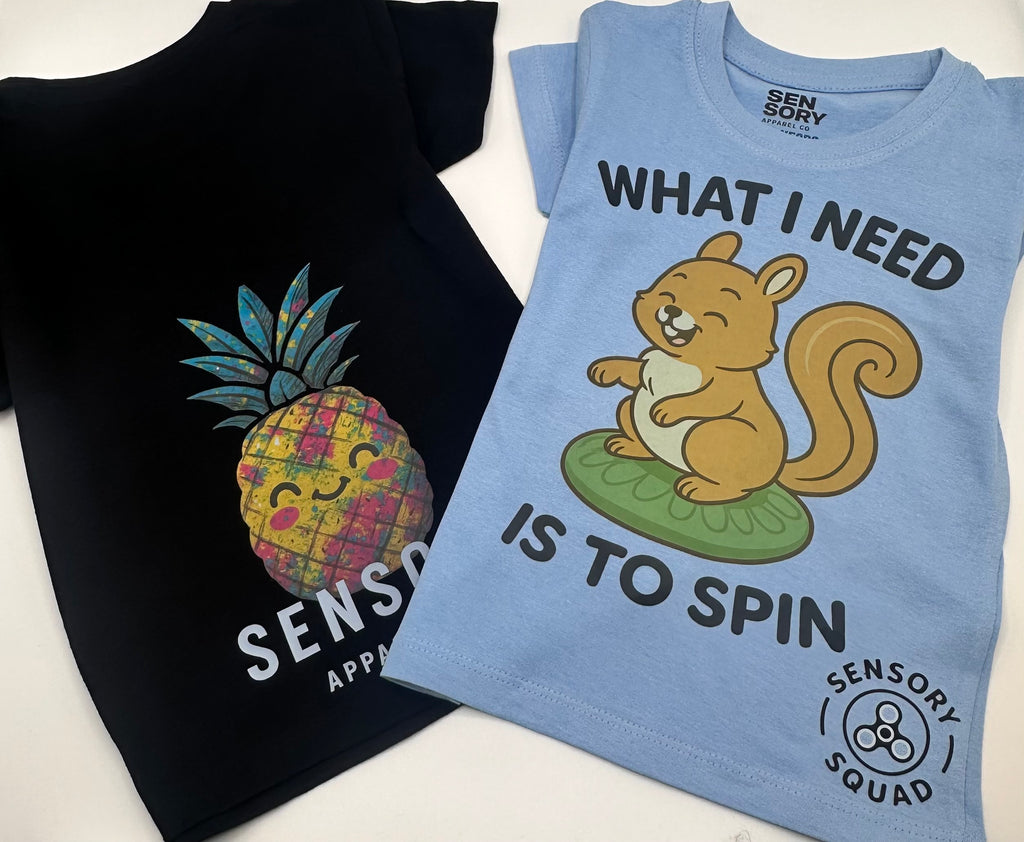“What I Need Is to Spin” – Sensory Squad T-Shirt (Featuring Spinny the Squirrel)
