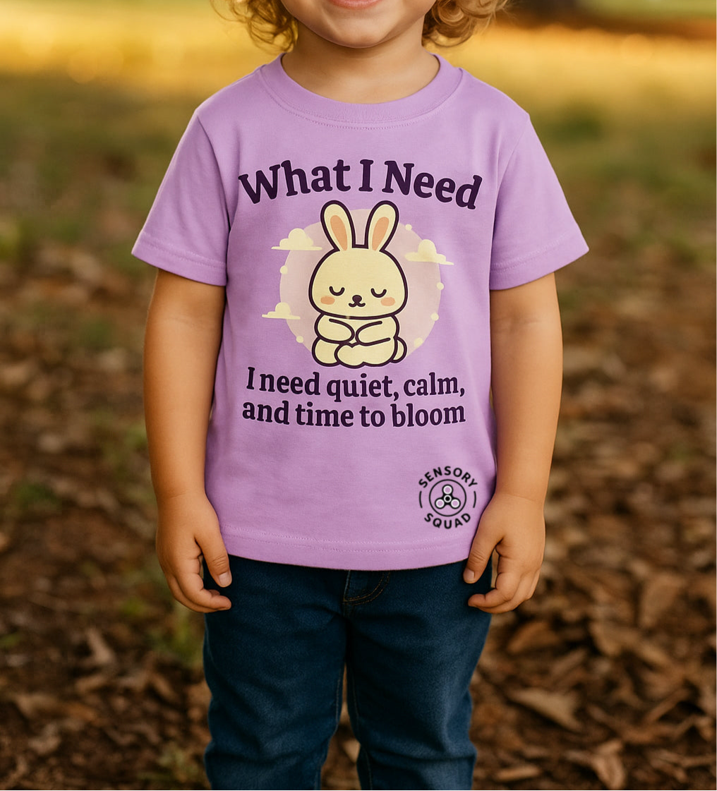 “What I Need Is Quiet, Calm, and Time to Bloom” – Sensory Squad T-Shirt (Featuring Luna the Bunny)