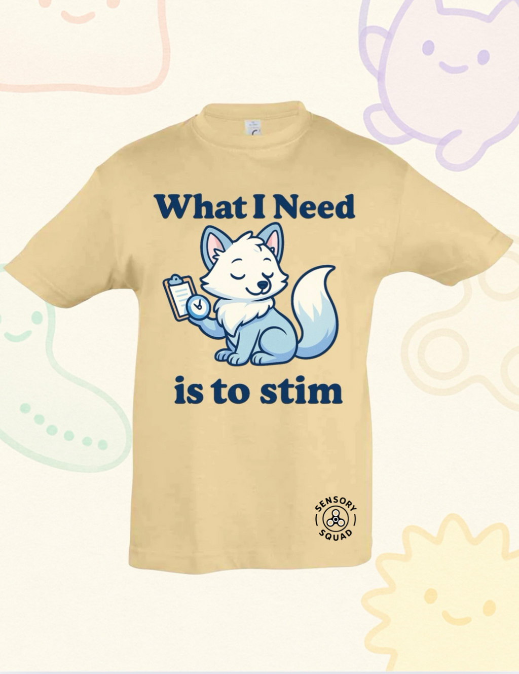“What I Need Is to Stim” – Sensory Squad T-Shirt (Featuring Flick the Arctic Fox)
Available in Pink and Oatmeal