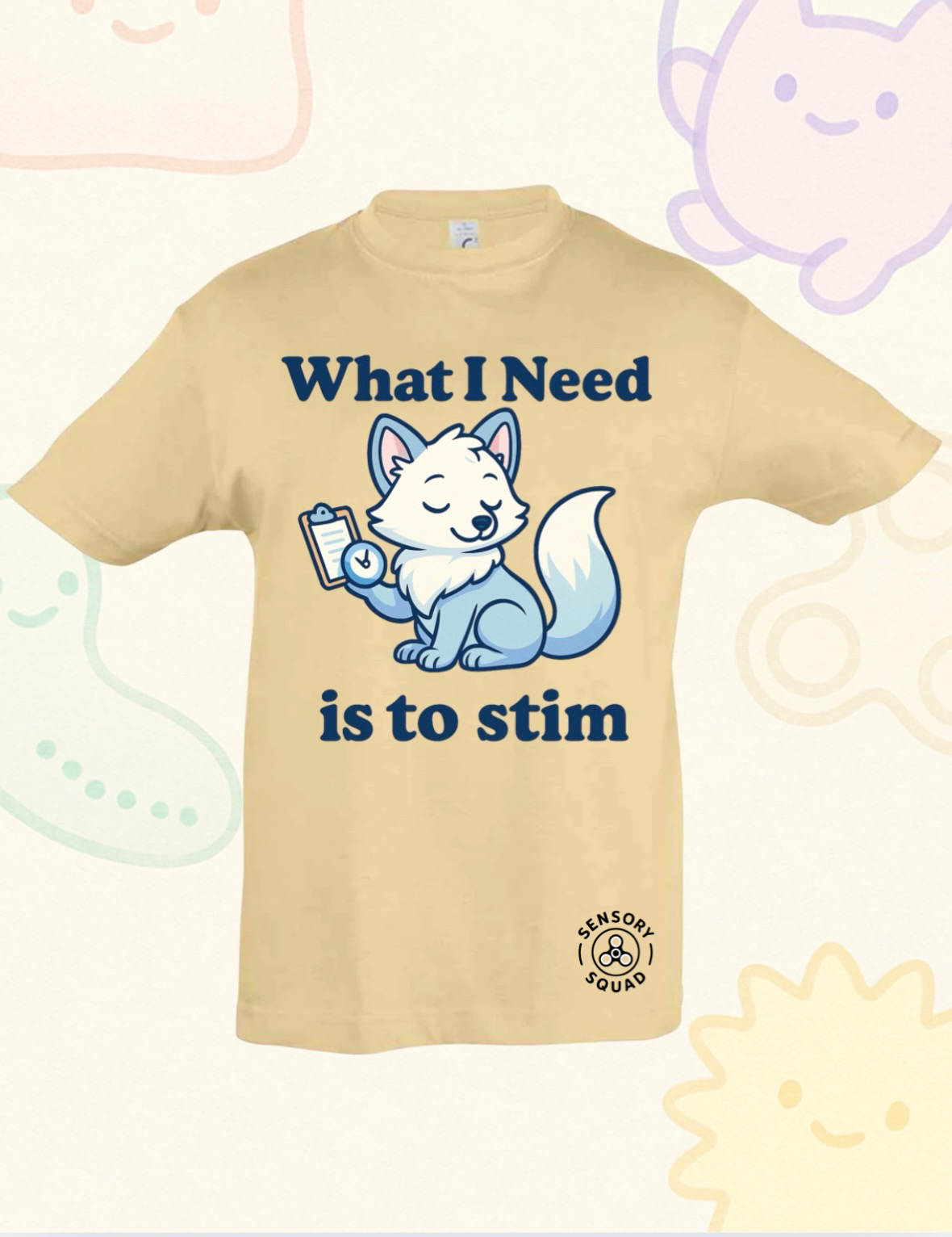 “What I Need Is to Stim” – Sensory Squad T-Shirt (Featuring Flick the Arctic Fox)
Available in Pink and Oatmeal