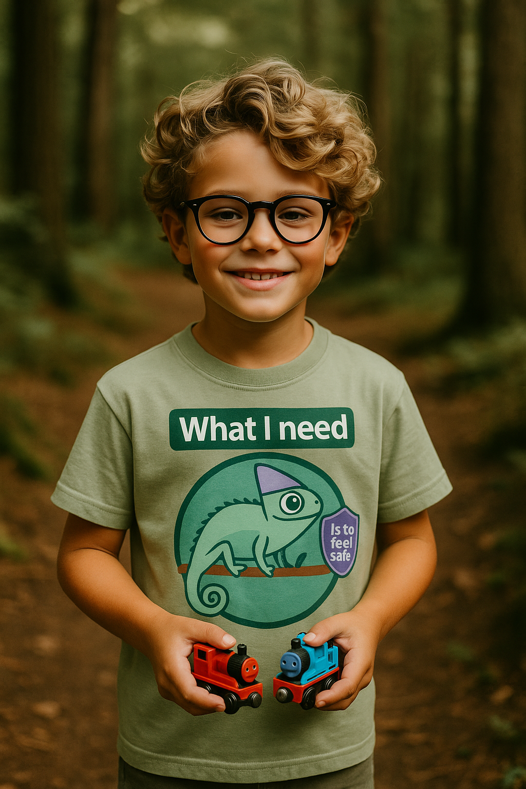 “What I Need Is to Feel Safe” – Sensory Squad T-Shirt (Featuring Milo the Chameleon)