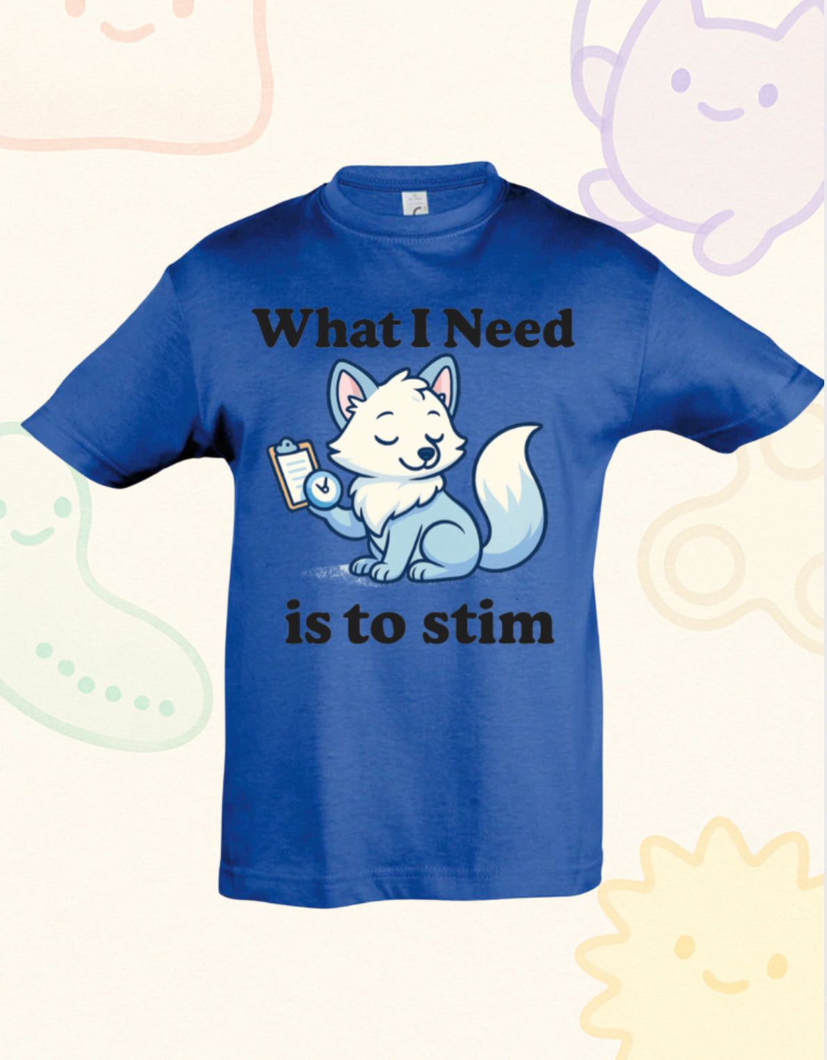 “What I Need Is to Stim” – Sensory Squad T-Shirt (Featuring Flick the Arctic Fox)
Available in Pink, Royal Blue, and Oatmeal