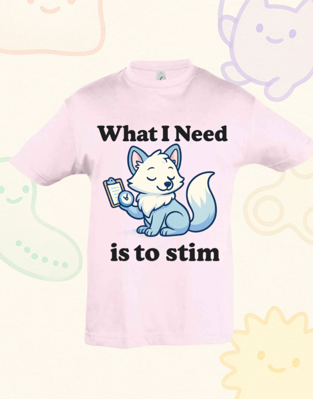 “What I Need Is to Stim” – Sensory Squad T-Shirt (Featuring Flick the Arctic Fox)
Available in Pink, Royal Blue, and Oatmeal