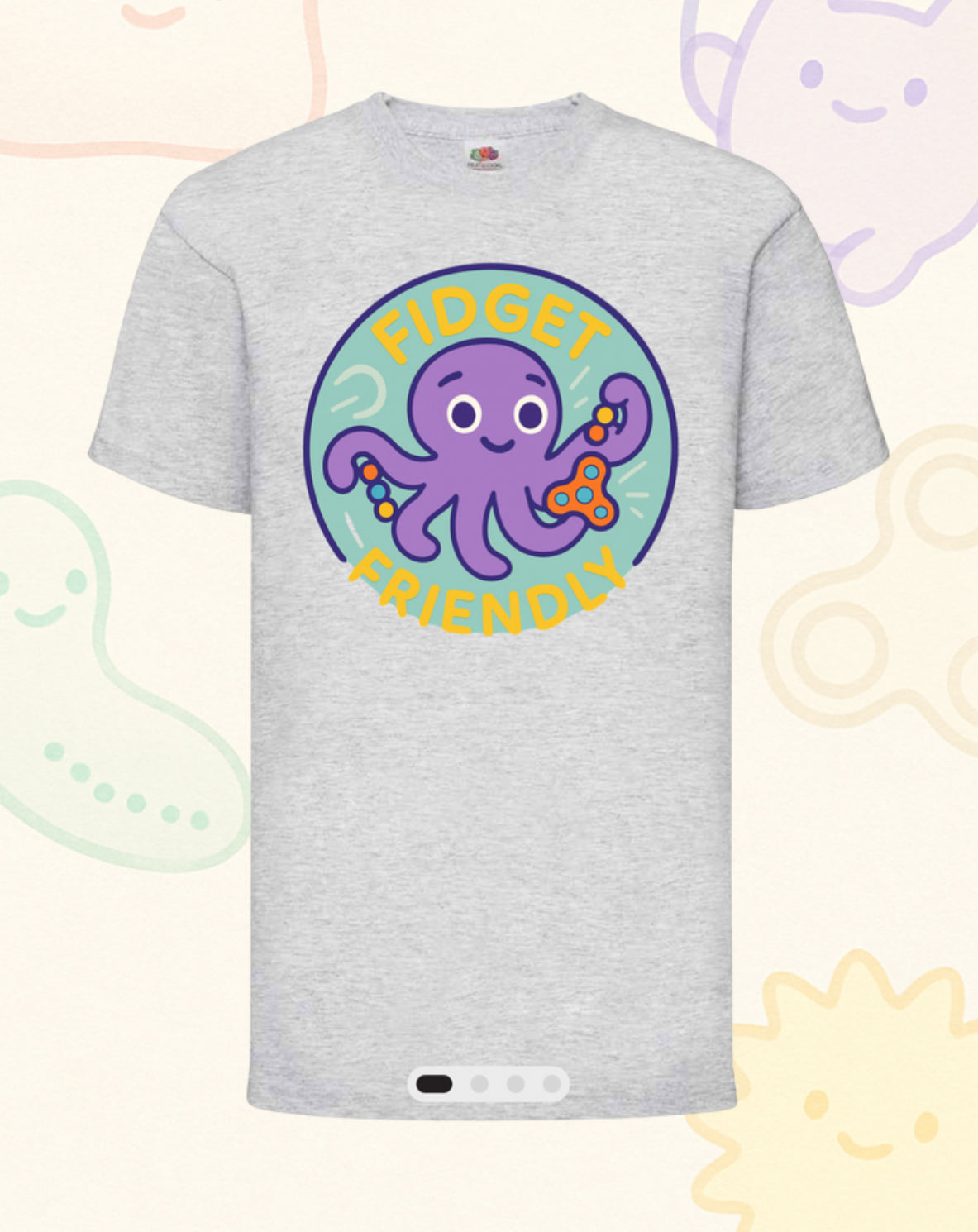 “Fidget Friendly” – Sensory Squad T-Shirt (Featuring Ocho the Octopus)
Available in Grey and Soft Pink
