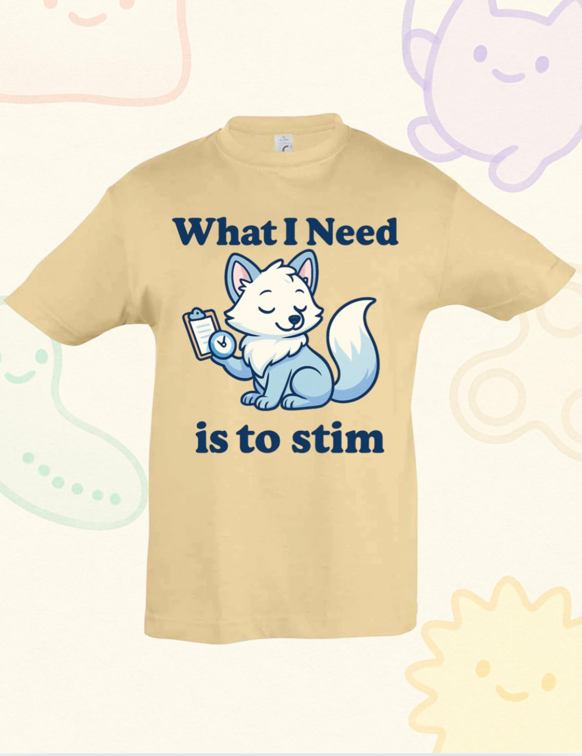 “What I Need Is to Stim” – Sensory Squad T-Shirt (Featuring Flick the Arctic Fox)
Available in Pink, Royal Blue, and Oatmeal