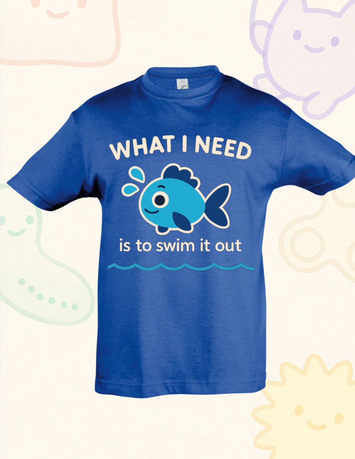“What I Need Is to Swim It Out” – Sensory Squad T-Shirt (Featuring Finley the Fish)
Available in Royal Blue and Navy Blue