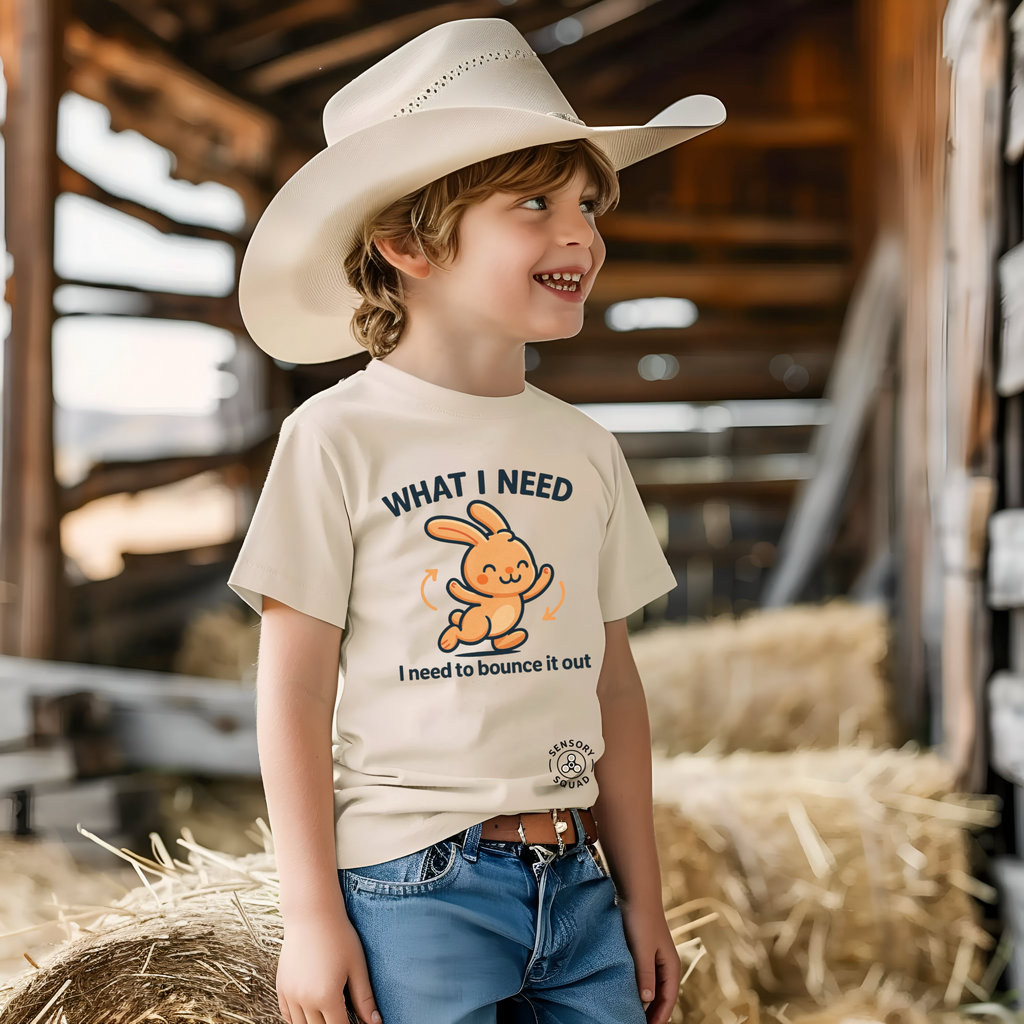 “What I Need Is to Bounce It Out” – Sensory Squad T-Shirt Featuring Boing the Bunny