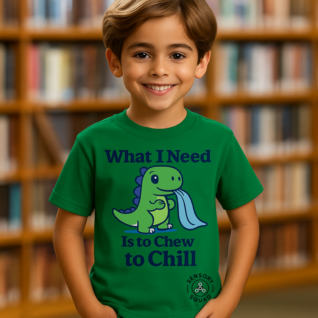 “What I Need Is to Chew to Chill” – Sensory Squad T-Shirt (Featuring Chomp the Dinosaur)