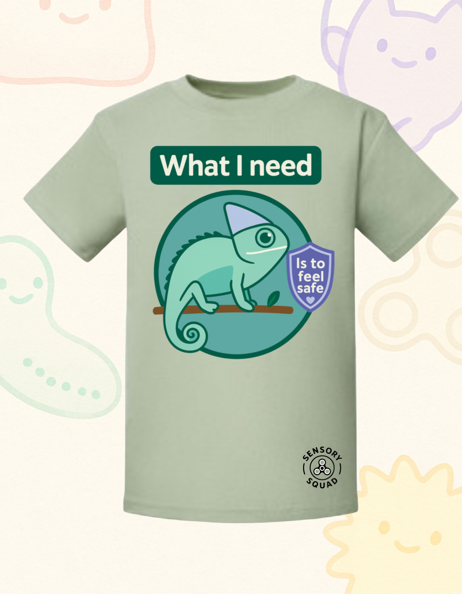 “What I Need Is to Feel Safe” – Sensory Squad T-Shirt (Featuring Milo the Chameleon)