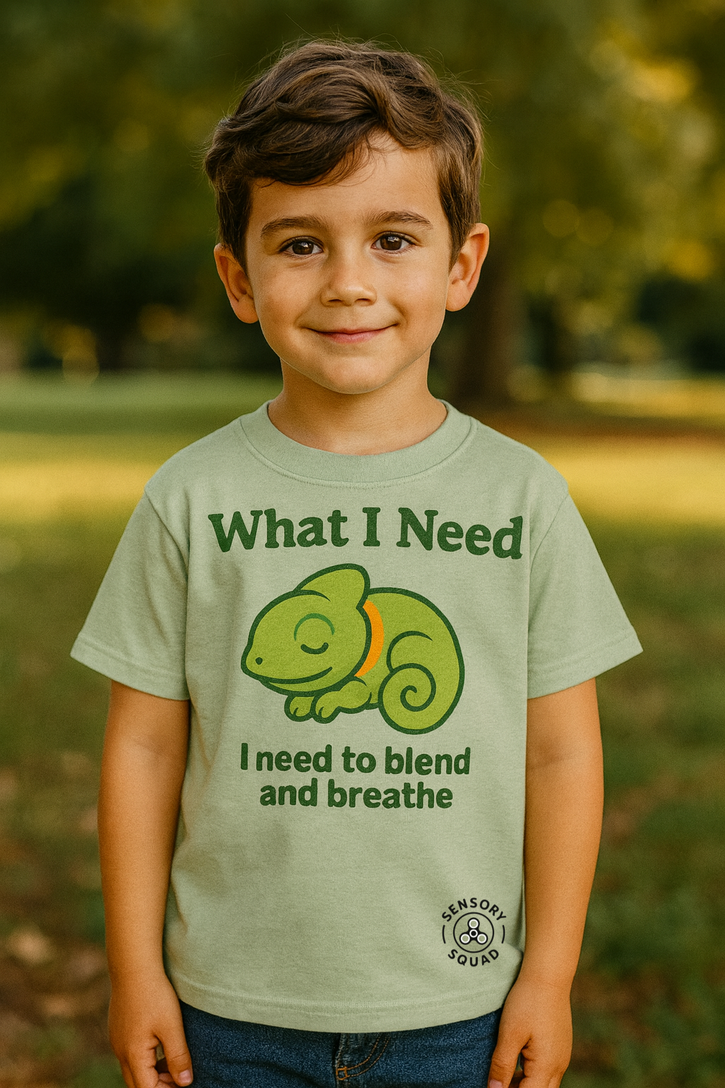 “What I Need Is to Blend and Breathe” – Sensory Squad T-Shirt (Featuring Milo the Chameleon)