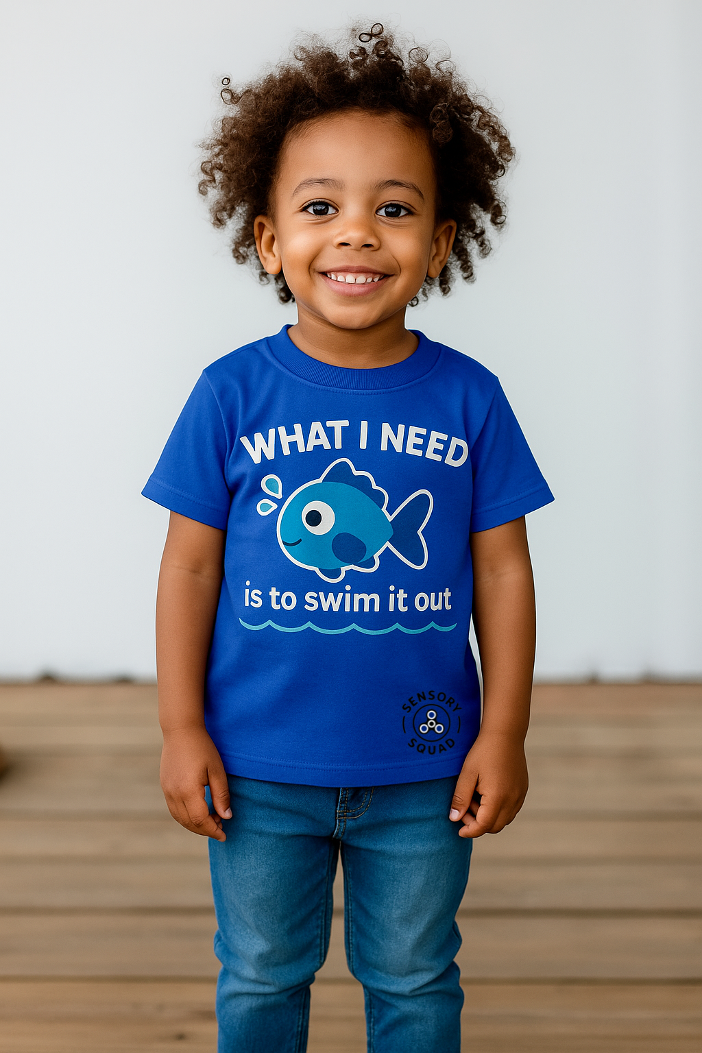 “What I Need Is to Swim It Out” – Sensory Squad T-Shirt (Featuring Finley the Fish)
Available in Royal Blue and Navy Blue