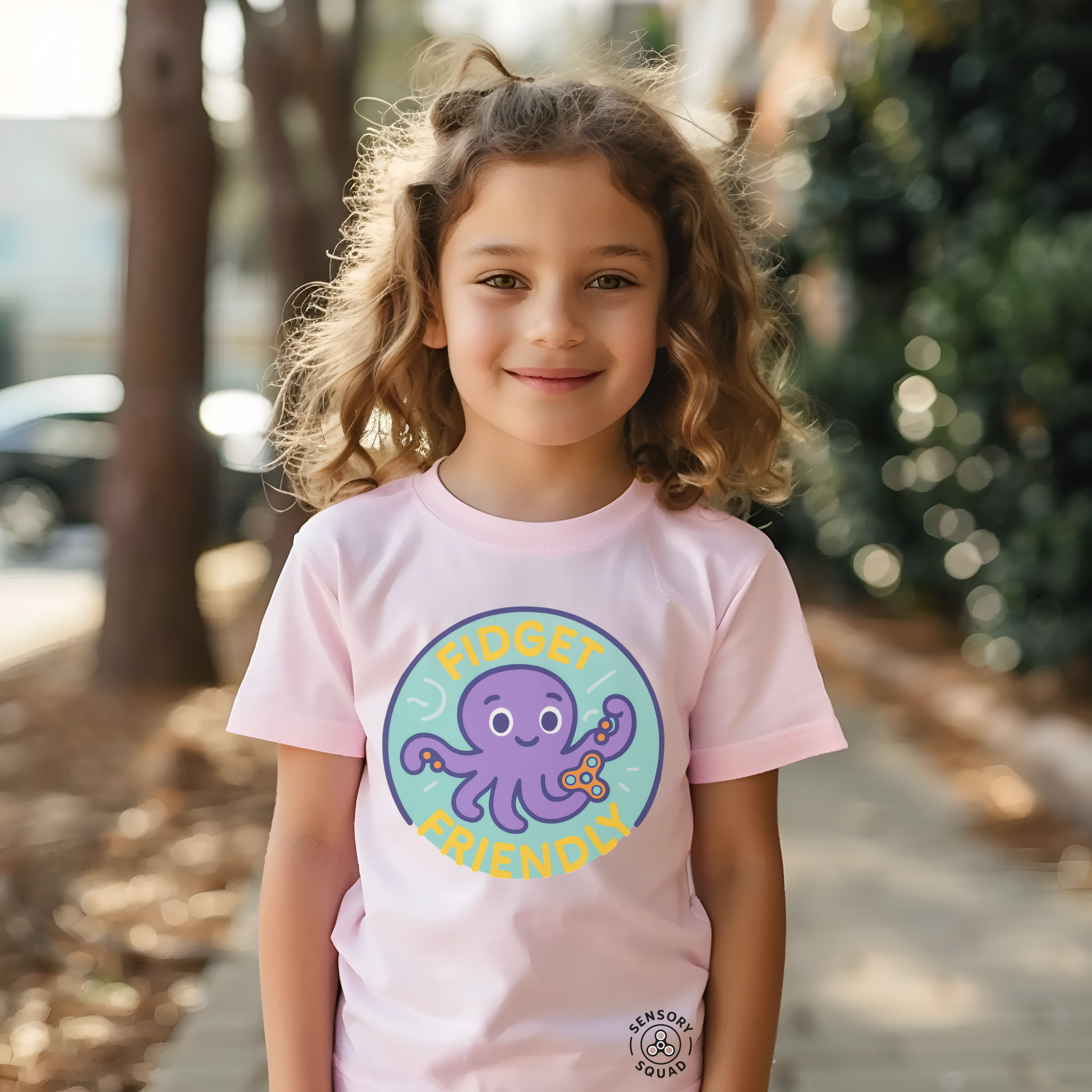 “Fidget Friendly” – Sensory Squad T-Shirt (Featuring Ocho the Octopus)
Available in Grey and Soft Pink