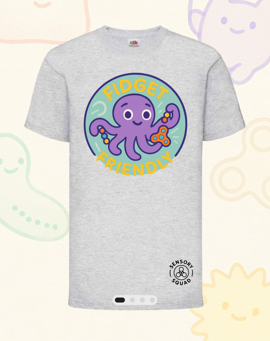 “Fidget Friendly” – Sensory Squad T-Shirt (Featuring Ocho the Octopus)
Available in Grey and Soft Pink