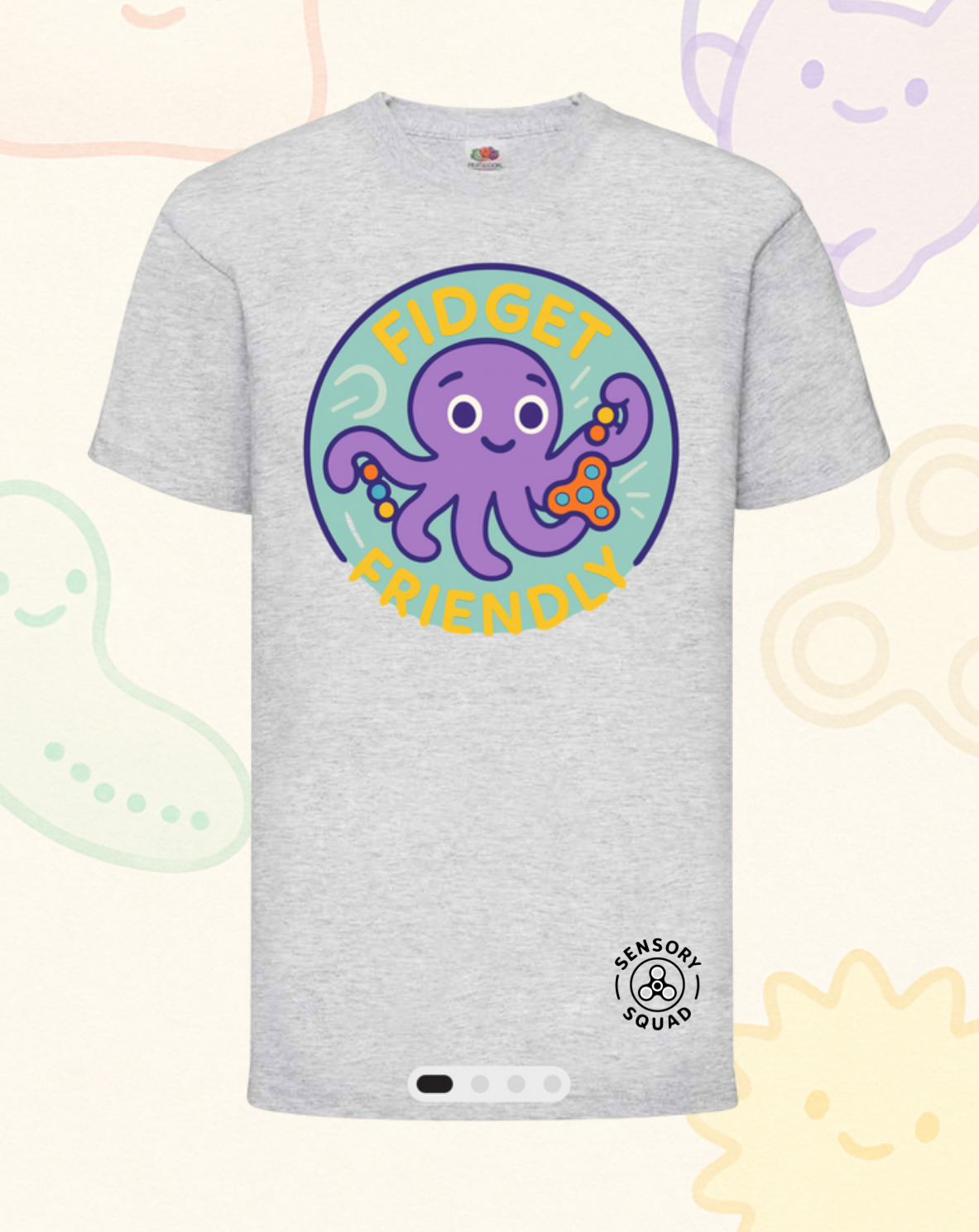 “Fidget Friendly” – Sensory Squad T-Shirt (Featuring Ocho the Octopus)
Available in Grey and Soft Pink