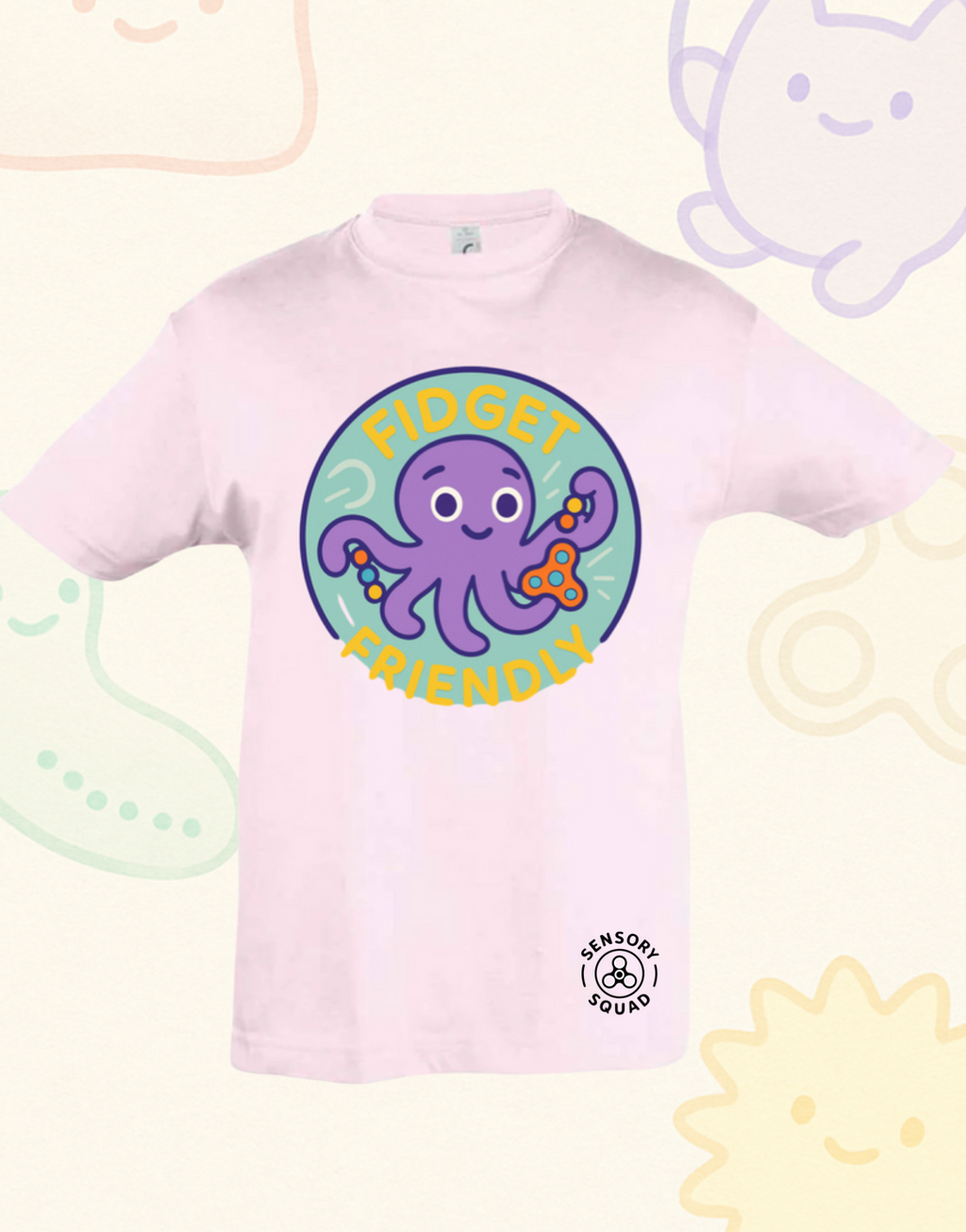 “Fidget Friendly” – Sensory Squad T-Shirt (Featuring Ocho the Octopus)
Available in Grey and Soft Pink