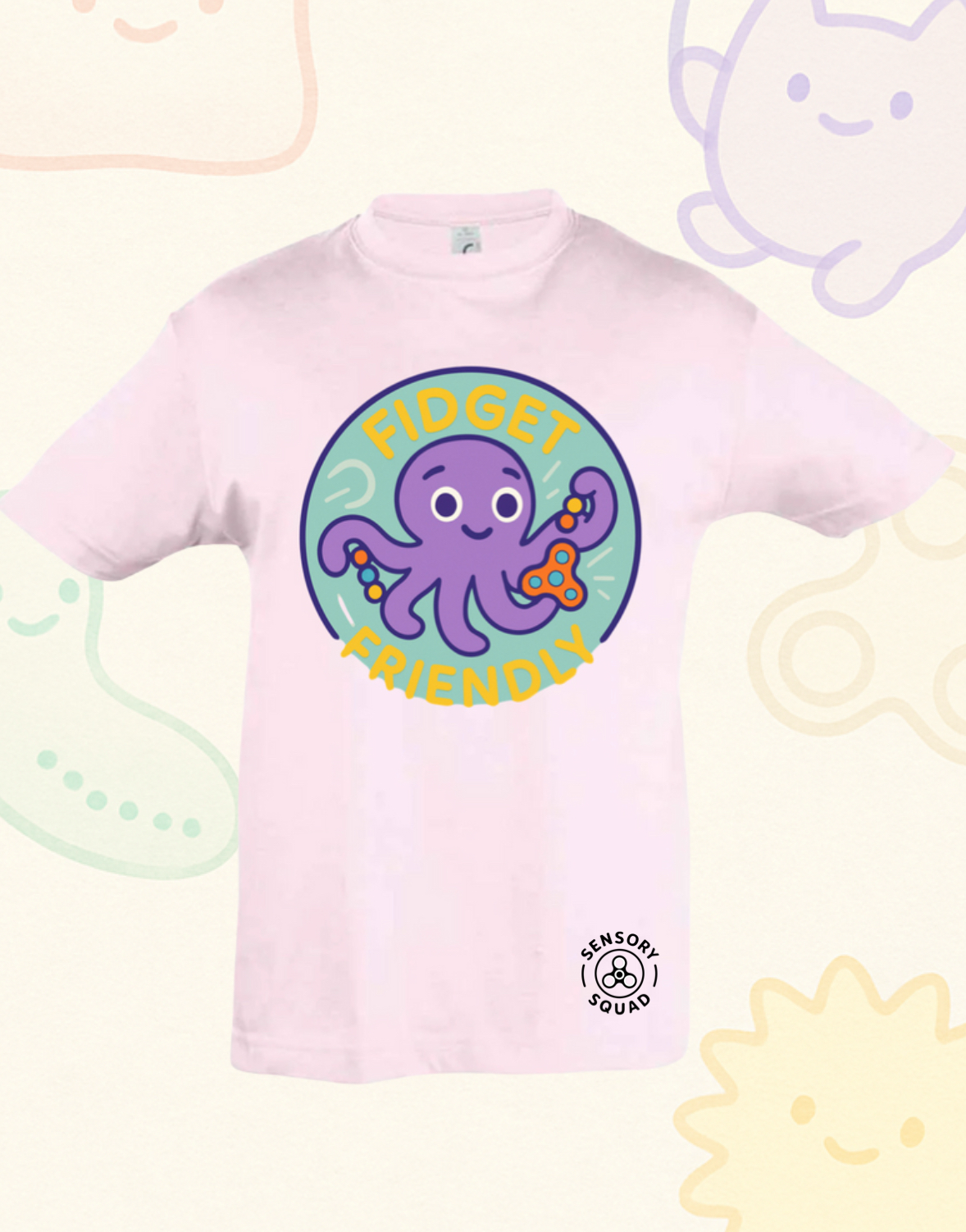 “Fidget Friendly” – Sensory Squad T-Shirt (Featuring Ocho the Octopus)
Available in Grey and Soft Pink