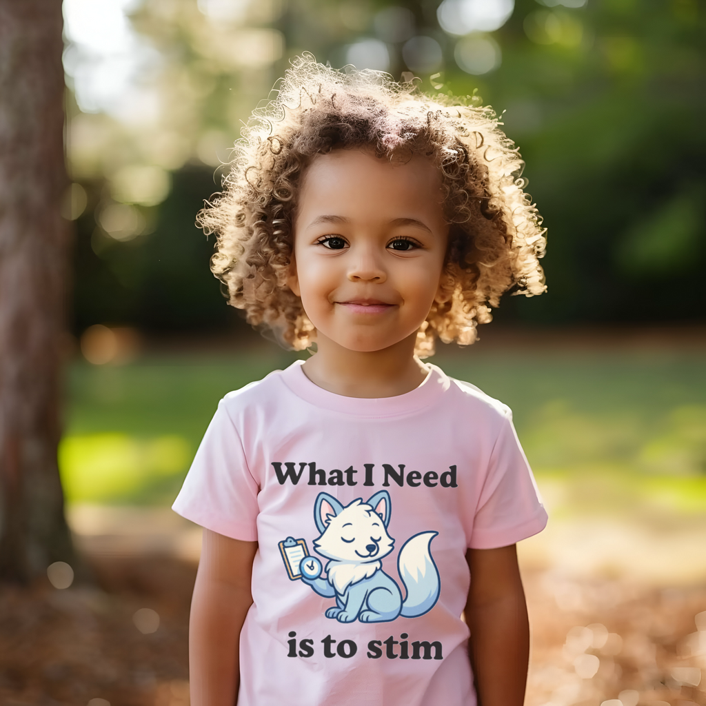 “What I Need Is to Stim” – Sensory Squad T-Shirt (Featuring Flick the Arctic Fox)
Available in Pink and Oatmeal