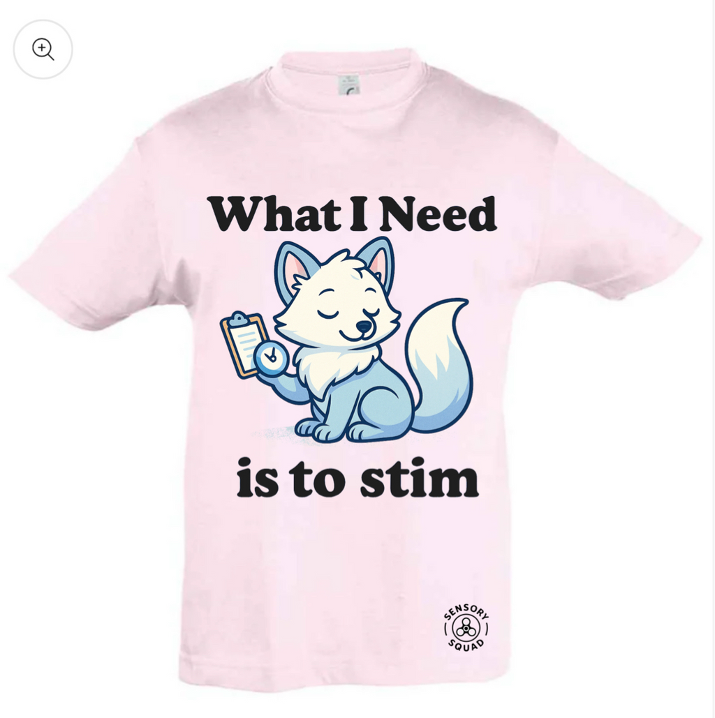 “What I Need Is to Stim” – Sensory Squad T-Shirt (Featuring Flick the Arctic Fox)
Available in Pink and Oatmeal