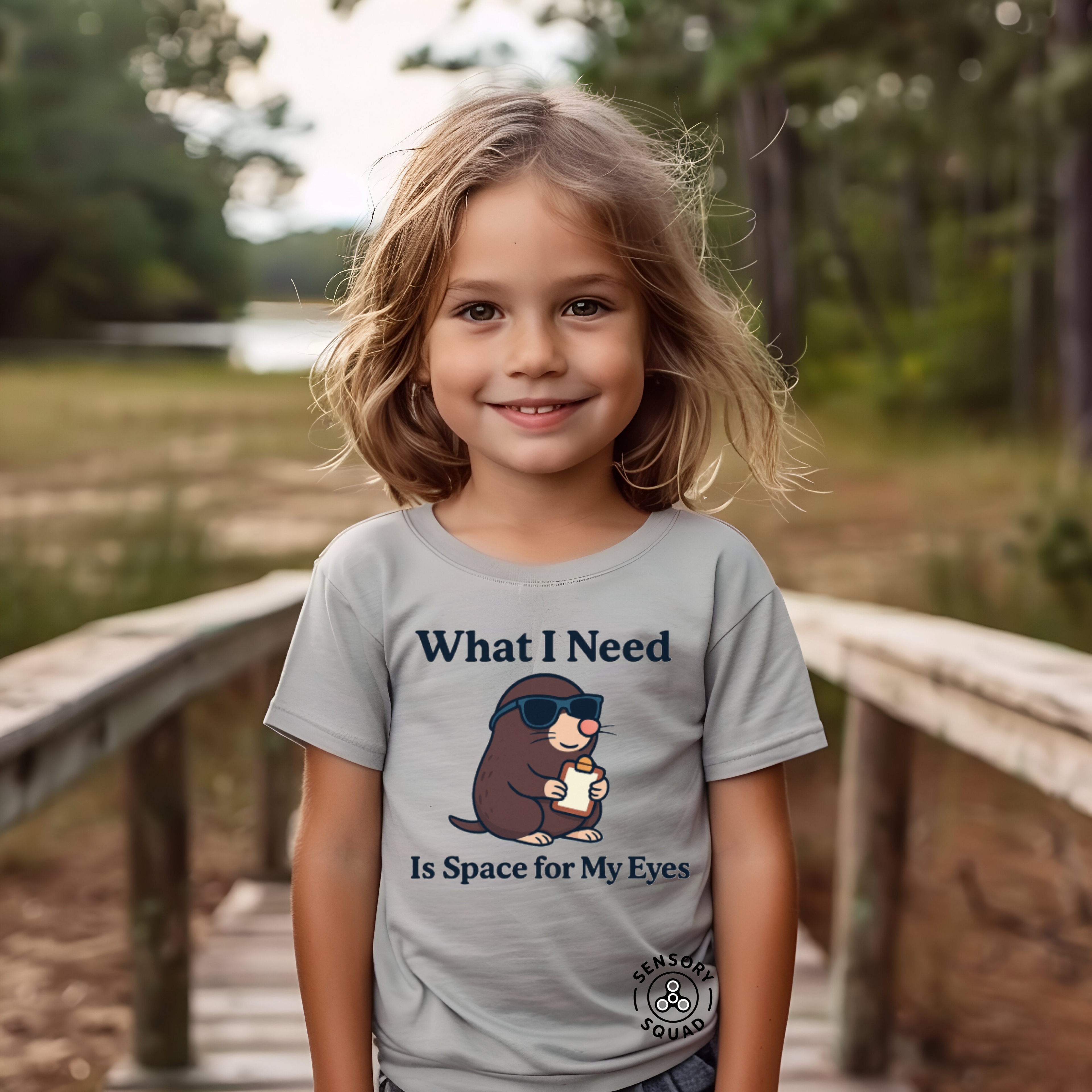 “What I Need Is Space for My Eyes” – Sensory Squad T-Shirt (Featuring Rascal the Mole)