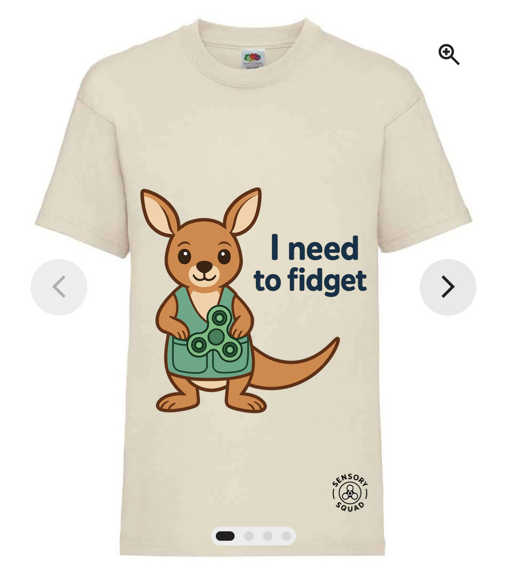 “I Need to Fidget” – Sensory Squad T-Shirt (Featuring Roo the Regulating Kangaroo)