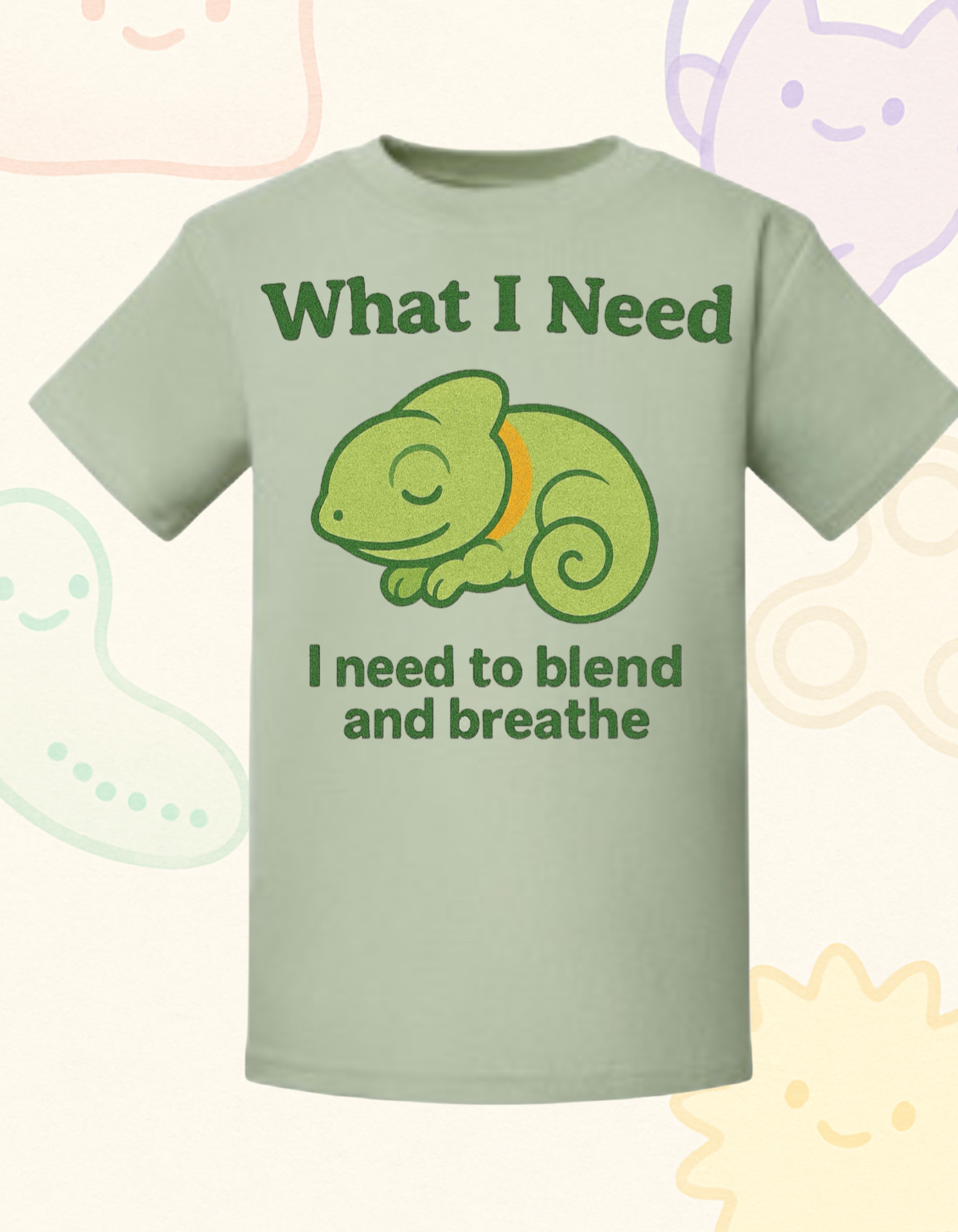 “What I Need Is to Blend and Breathe” – Sensory Squad T-Shirt (Featuring Milo the Chameleon)