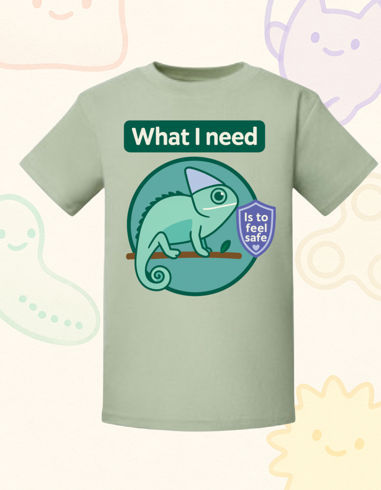 “What I Need Is to Feel Safe” – Sensory Squad T-Shirt (Featuring Milo the Chameleon)